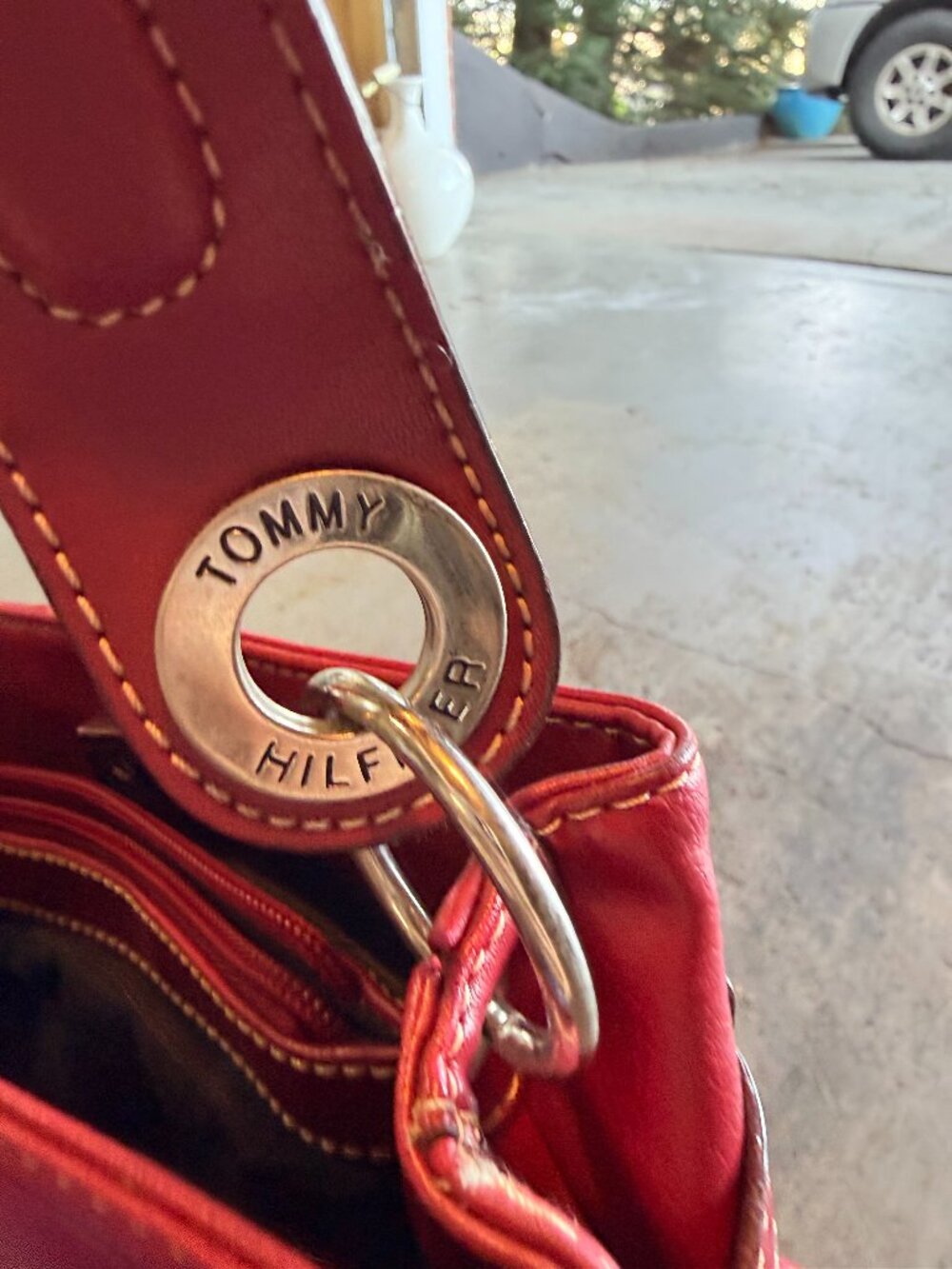 Vintage Tommy Hilfiger Red Leather Shoulder Bag Y2K Buckle Detail